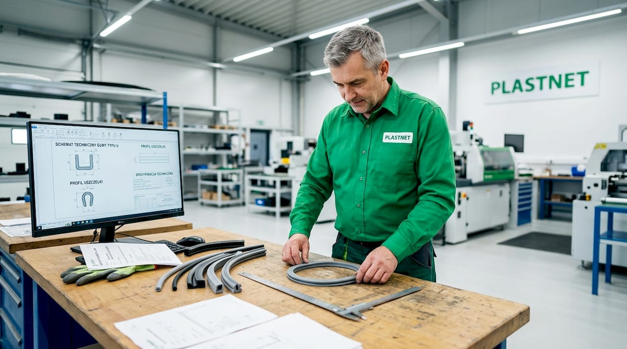 Technik dokładnie sprawdza uszczelkę gumową na swoim stanowisku pracy.