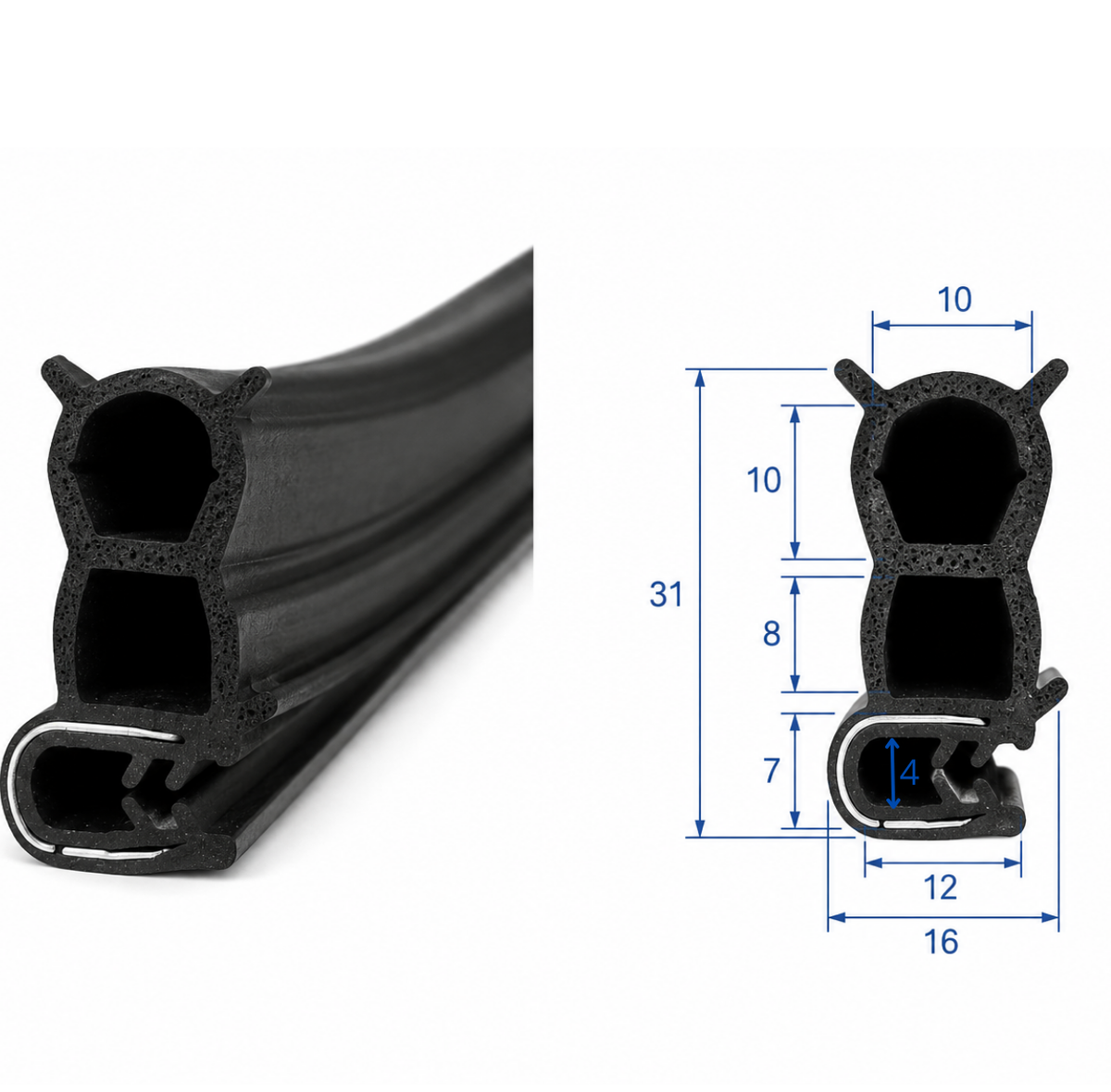 Junta reforzada para puertas de furgonetas EPDM – doble cámara, perfil 31x16 mm
